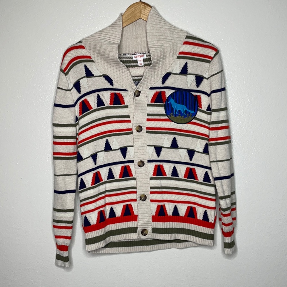Cat‎ & Jack Knit Cardigan Wolf Patch sz L (12/14)